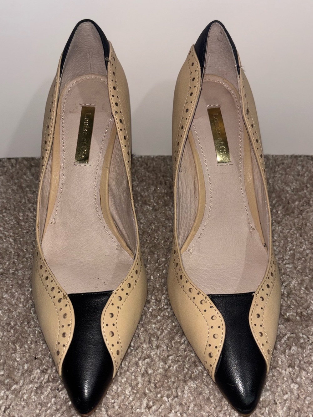 Two-Tone Pointed Toe Pumps in Beige and Black - Women's Heels